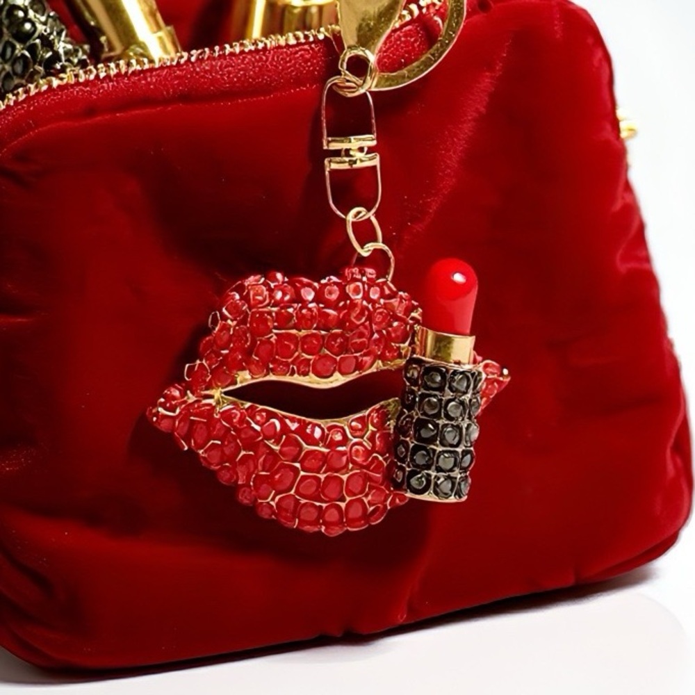 Red Crystal Lip Bag Charm Keychain with Gold Accents